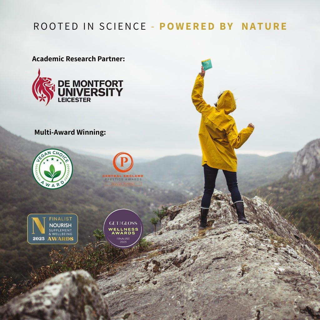Science backed greens with multiple awards. Woman holding sachet in image