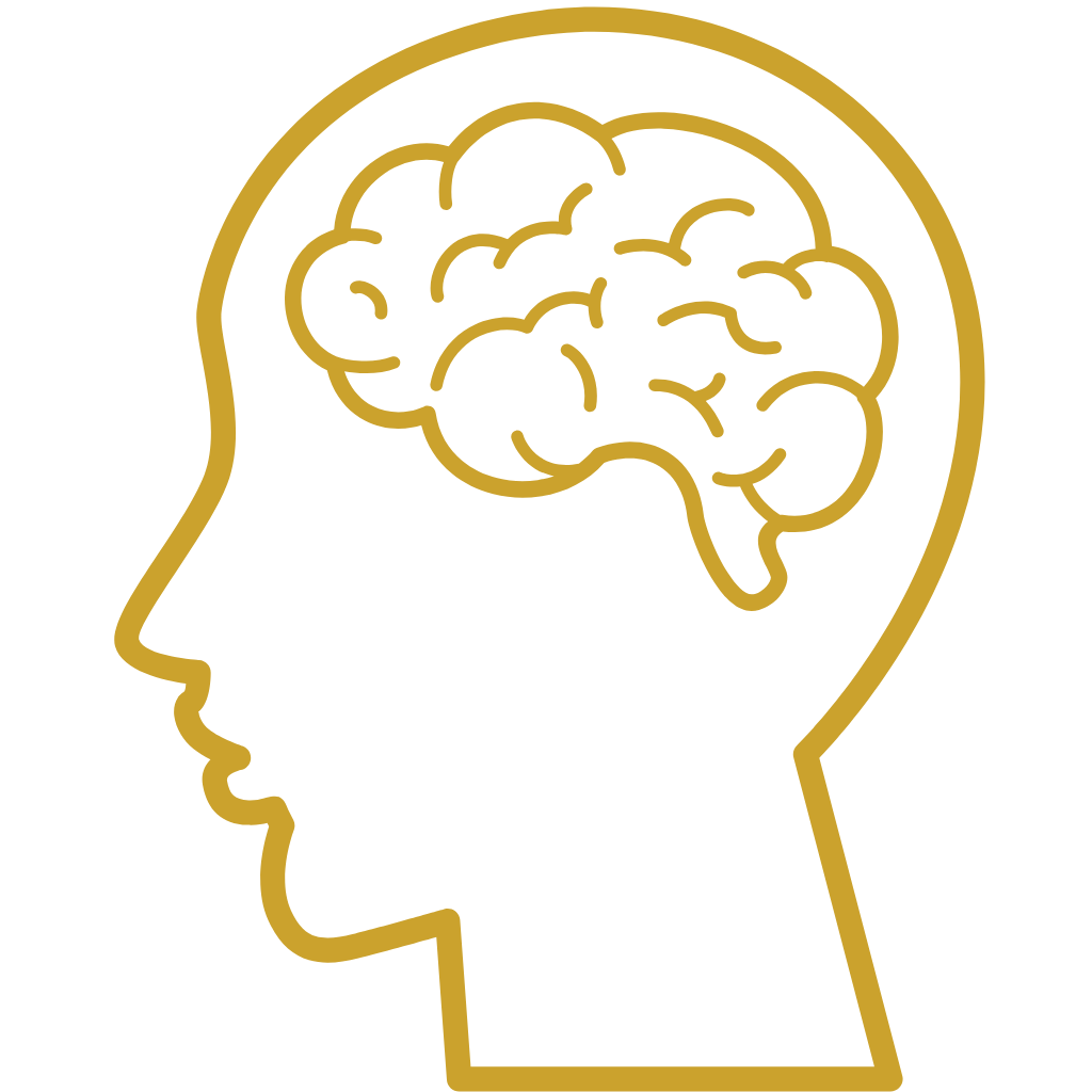 Gold outline of a head with a brain inside on a white background