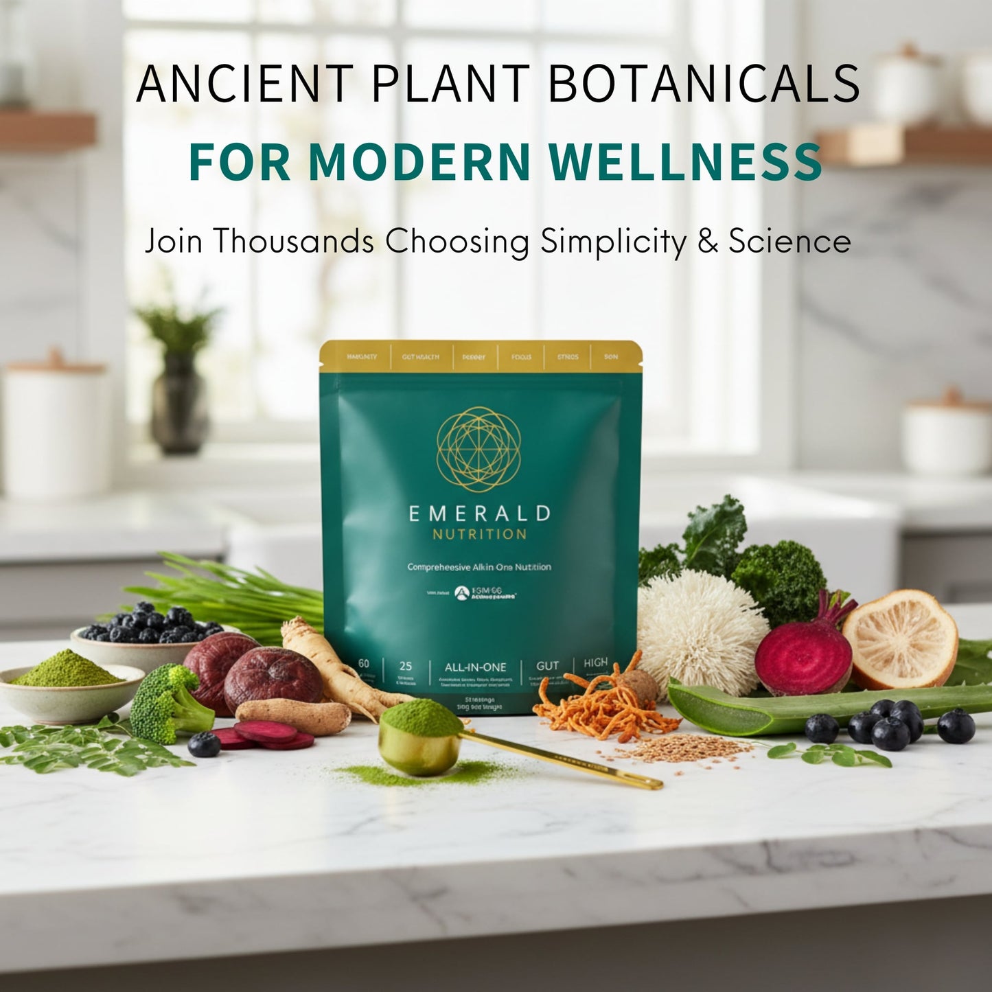 Emerald Nutrition package on a kitchen counter with fresh produce, promoting ancient plant botanicals for modern wellness.