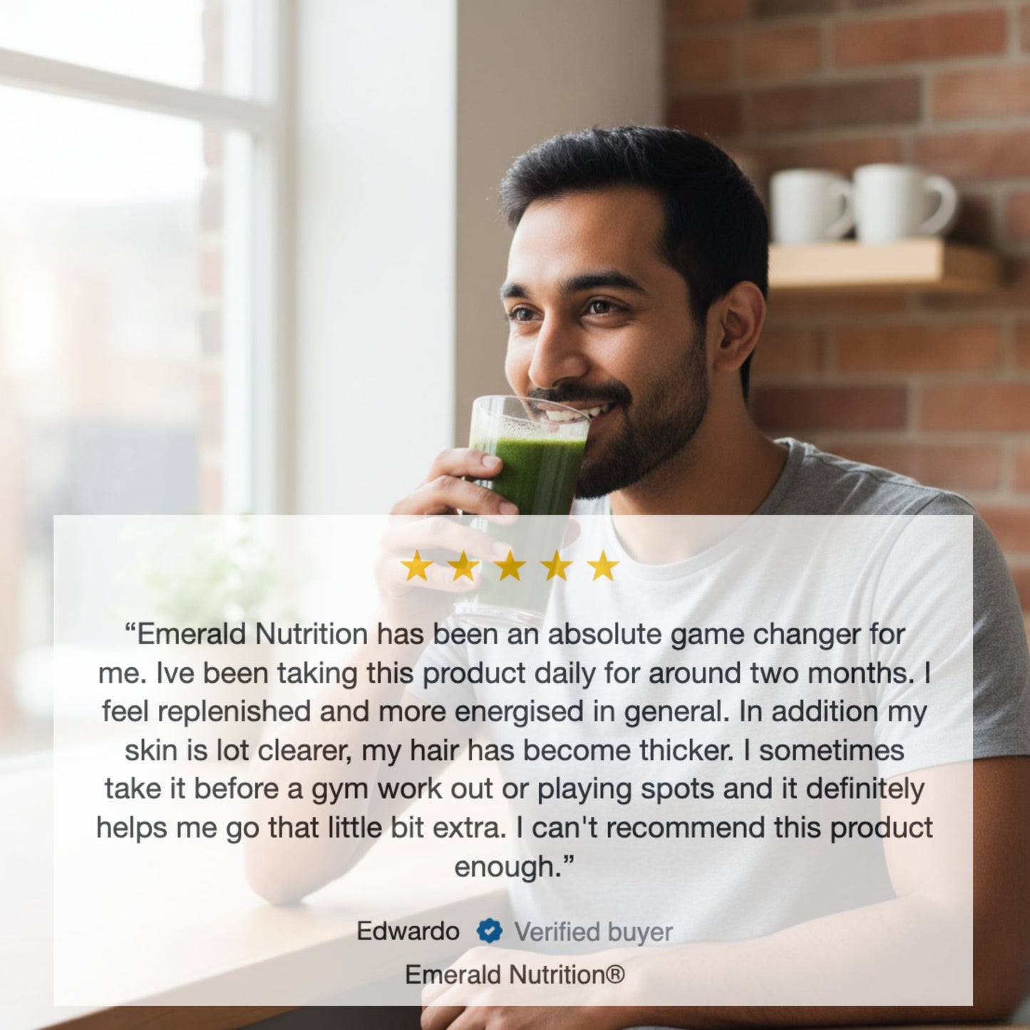 Man drinking a green smoothie with a testimonial overlay
