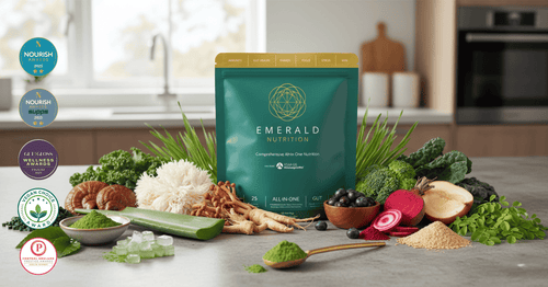 Emerald Nutrition supplement package with fresh vegetables on a kitchen counter