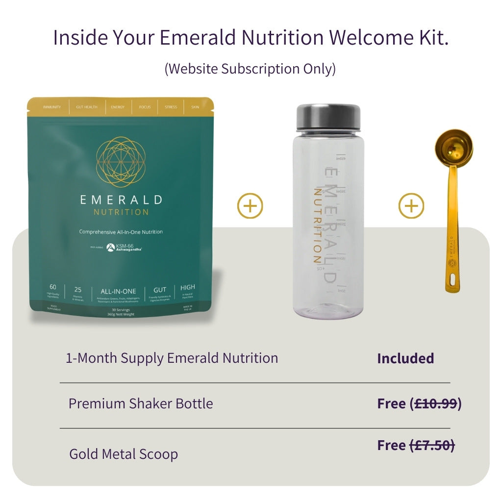Emerald Nutrition welcome kit with supplement package, shaker bottle, and scoop on a white background