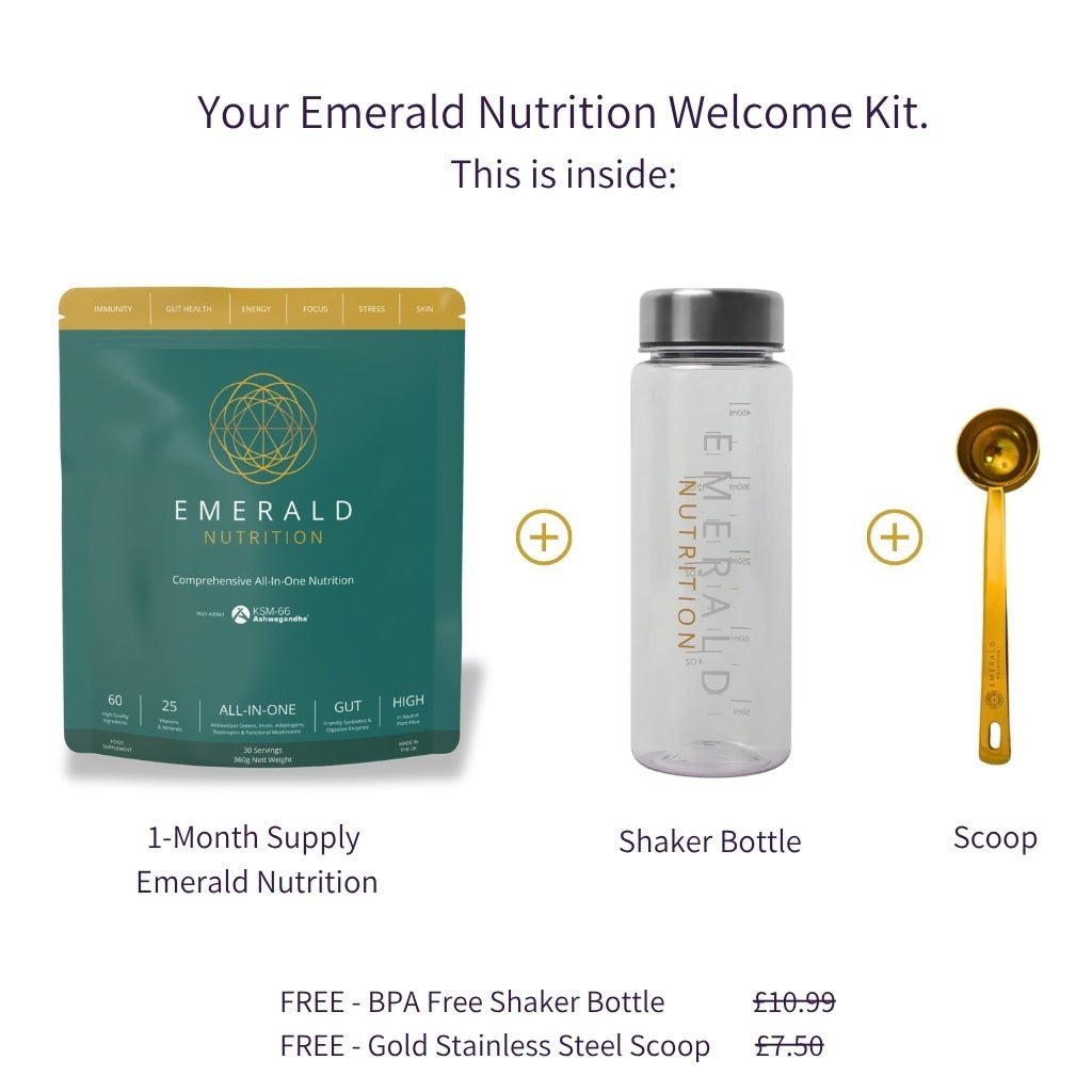 Emerald Nutrition welcome kit with package, shaker bottle, and scoop on a white background