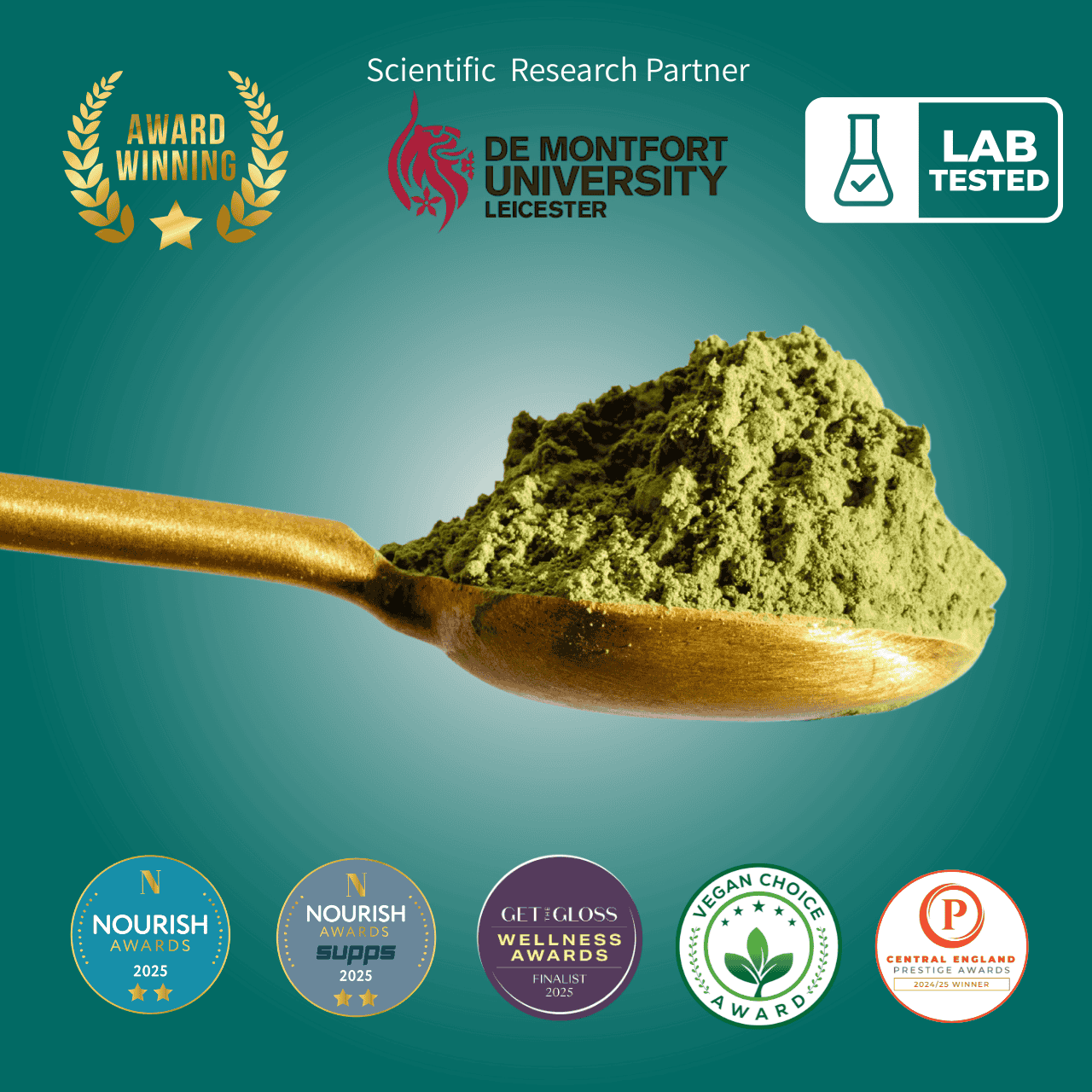 Wooden spoon with green powder, surrounded by certification logos on a teal background