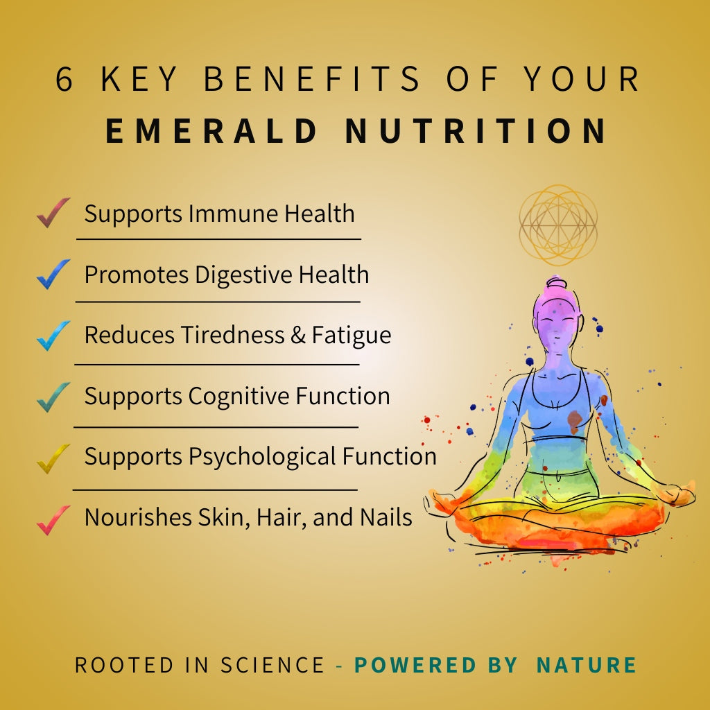 Promotional graphic for Emerald Nutrition with a list of benefits and a meditating figure on a yellow background.