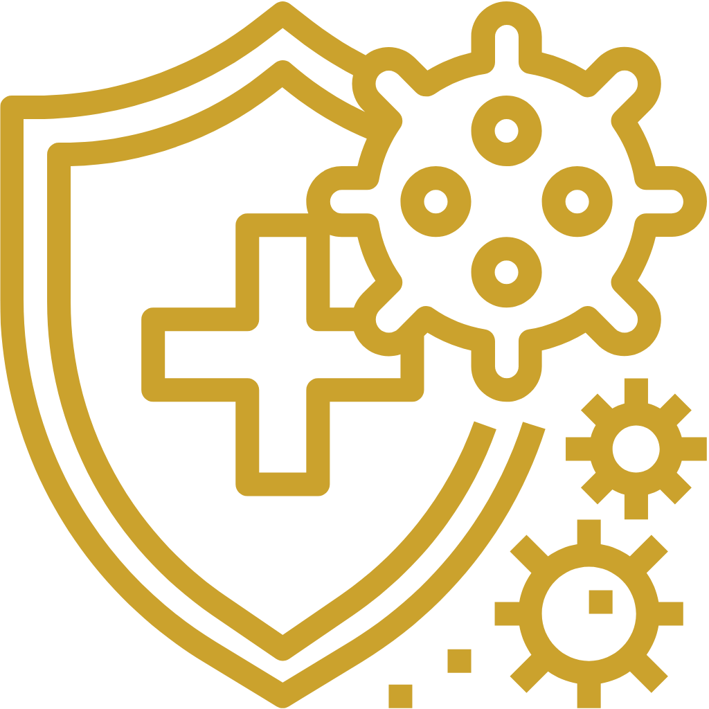 Gold shield icon with a cross and gears on a white background