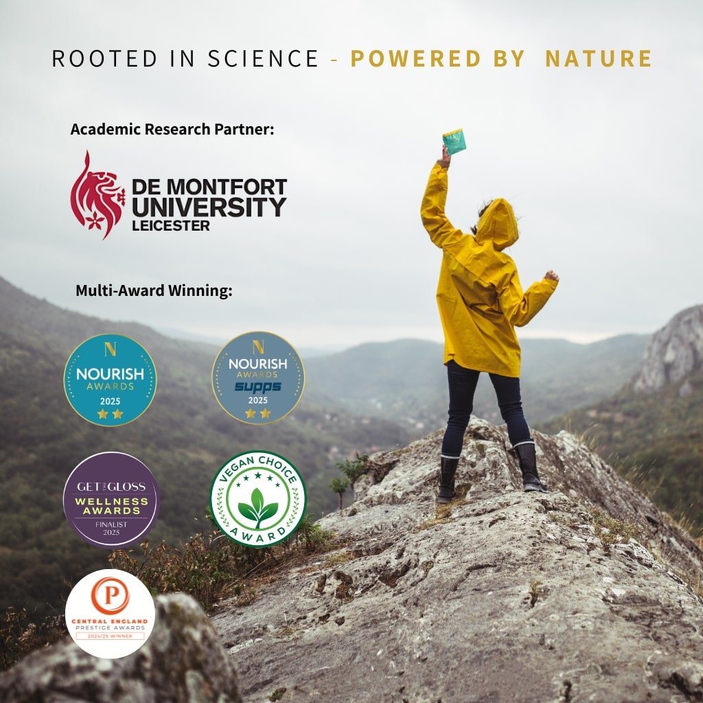 Person in a yellow raincoat standing on a mountain peak with branding and awards displayed.