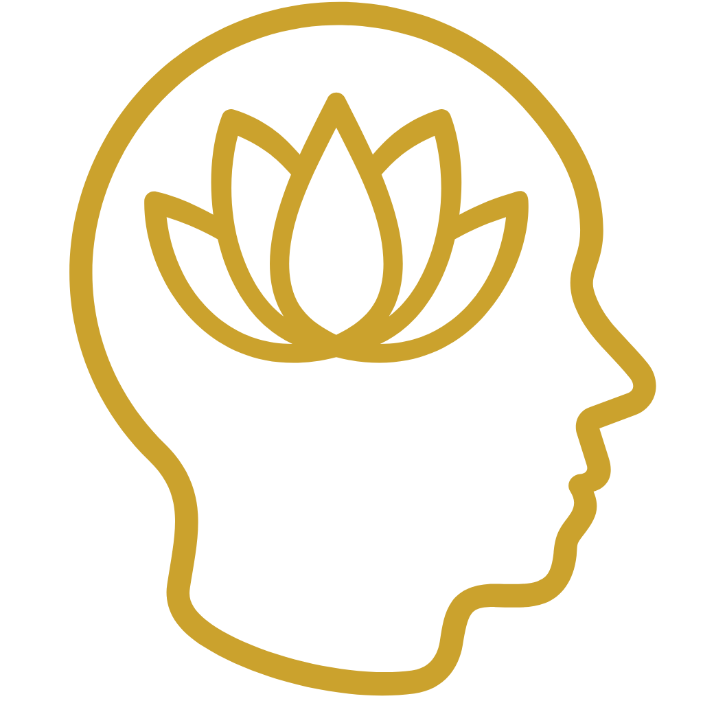 Gold outline of a human head with a lotus flower inside on a white background
