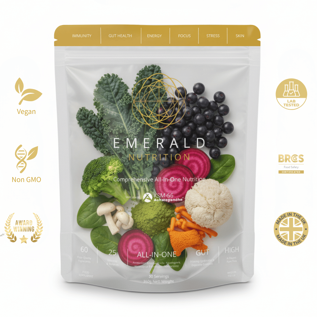 Emerald Nutrition package with vegetables and certification logos on a white background