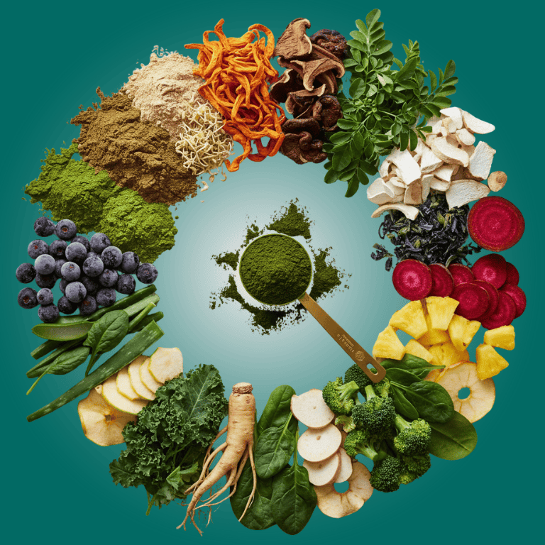 Wreath of various fresh vegetables and fruits on a teal background