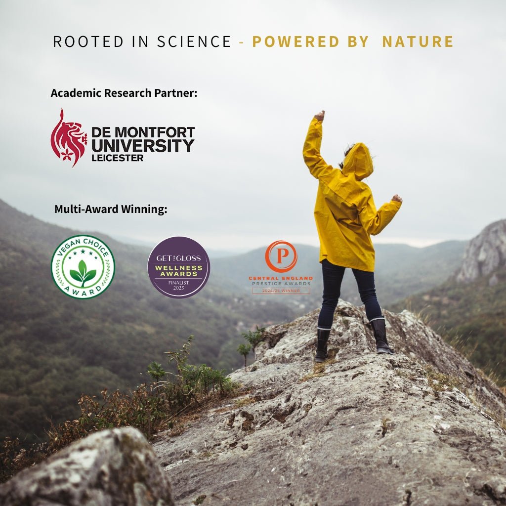 Person in a yellow raincoat standing on a mountain peak with branding and awards displayed.