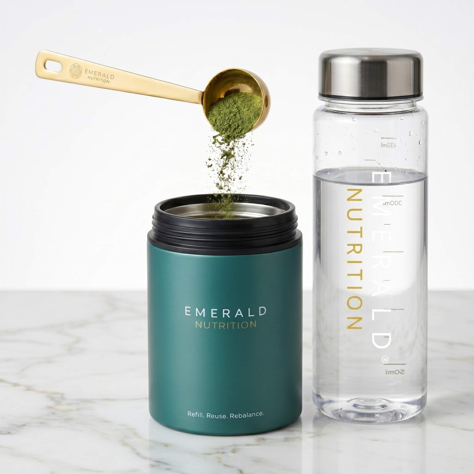 Emerald Nutrition Supergreens tub with gold scoop and water bottle