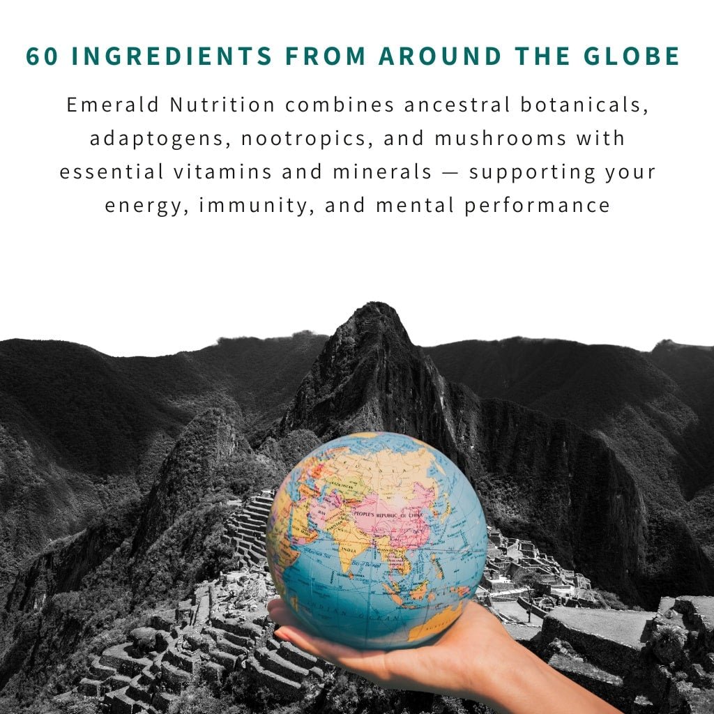Hand holding a globe with mountainous landscape and text about Emerald Nutrition's product ingredients.