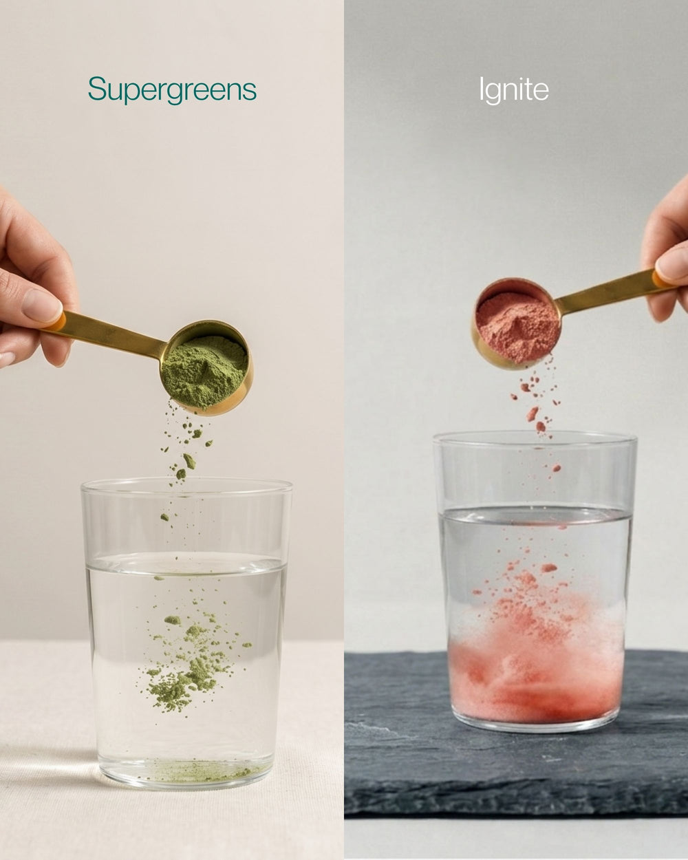 One Emerald Supergreens scoop poured into a glass of water