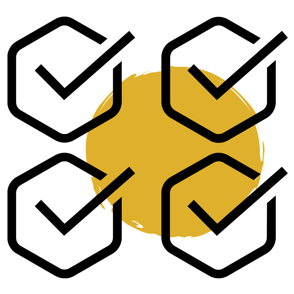 Four black checkmarks around a yellow circle on a green background