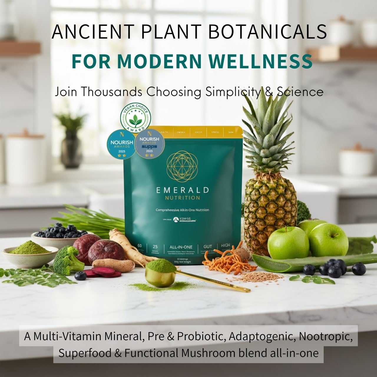 Emerald Nutrition package with fresh fruits and vegetables on a kitchen counter, promoting ancient plant botanicals for modern wellness.