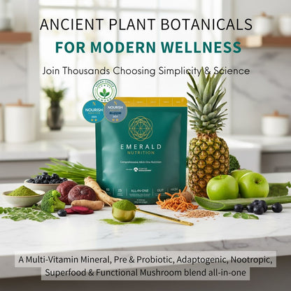 Emerald Nutrition package with fresh fruits and vegetables on a kitchen counter, promoting ancient plant botanicals for modern wellness.