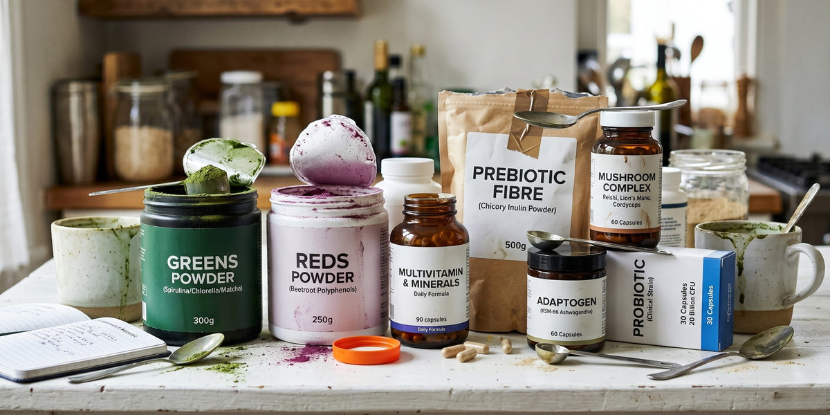 A cluttered supplement stack of separate bottles and powders