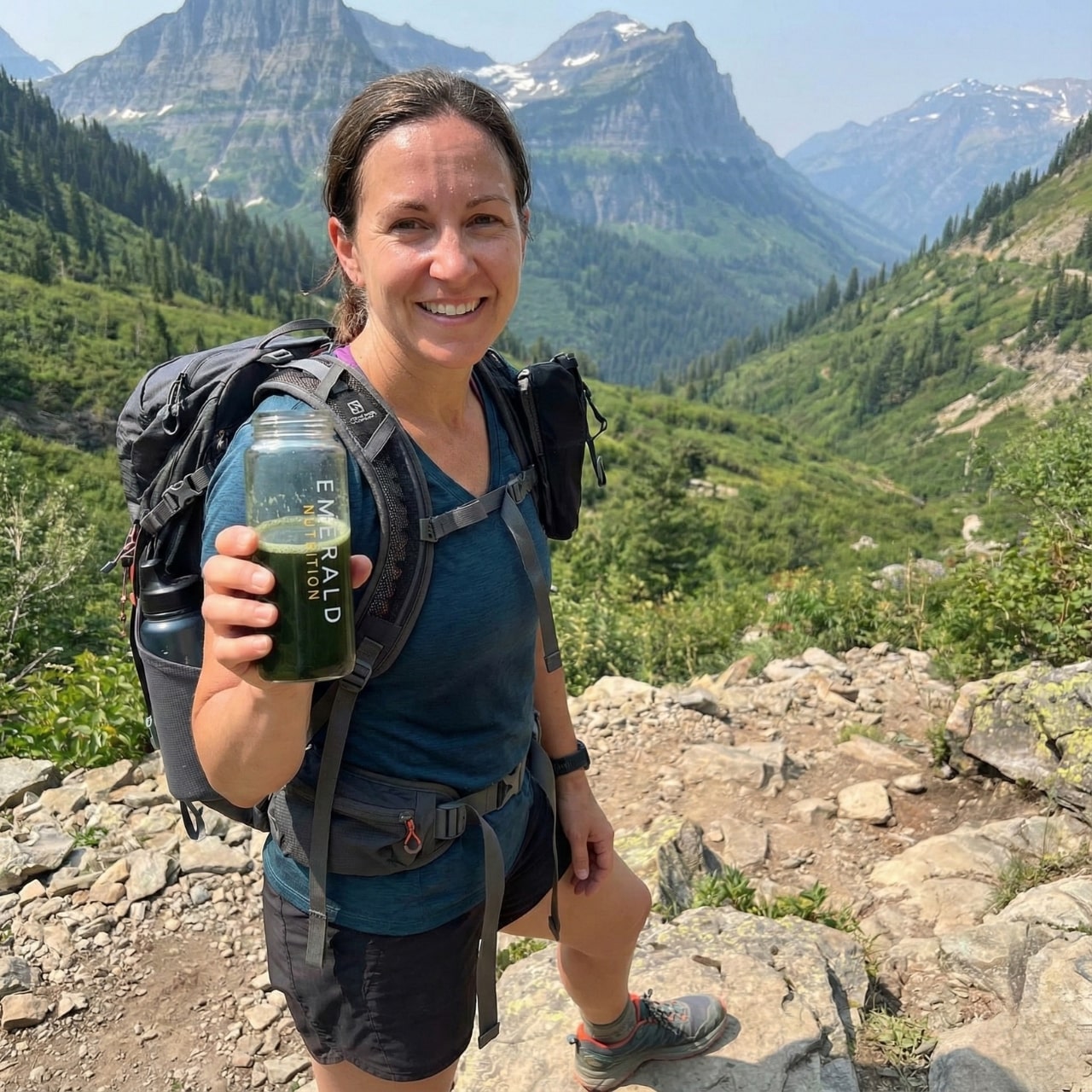 Woman hiking in a mountainous area holding a jar of green juice.