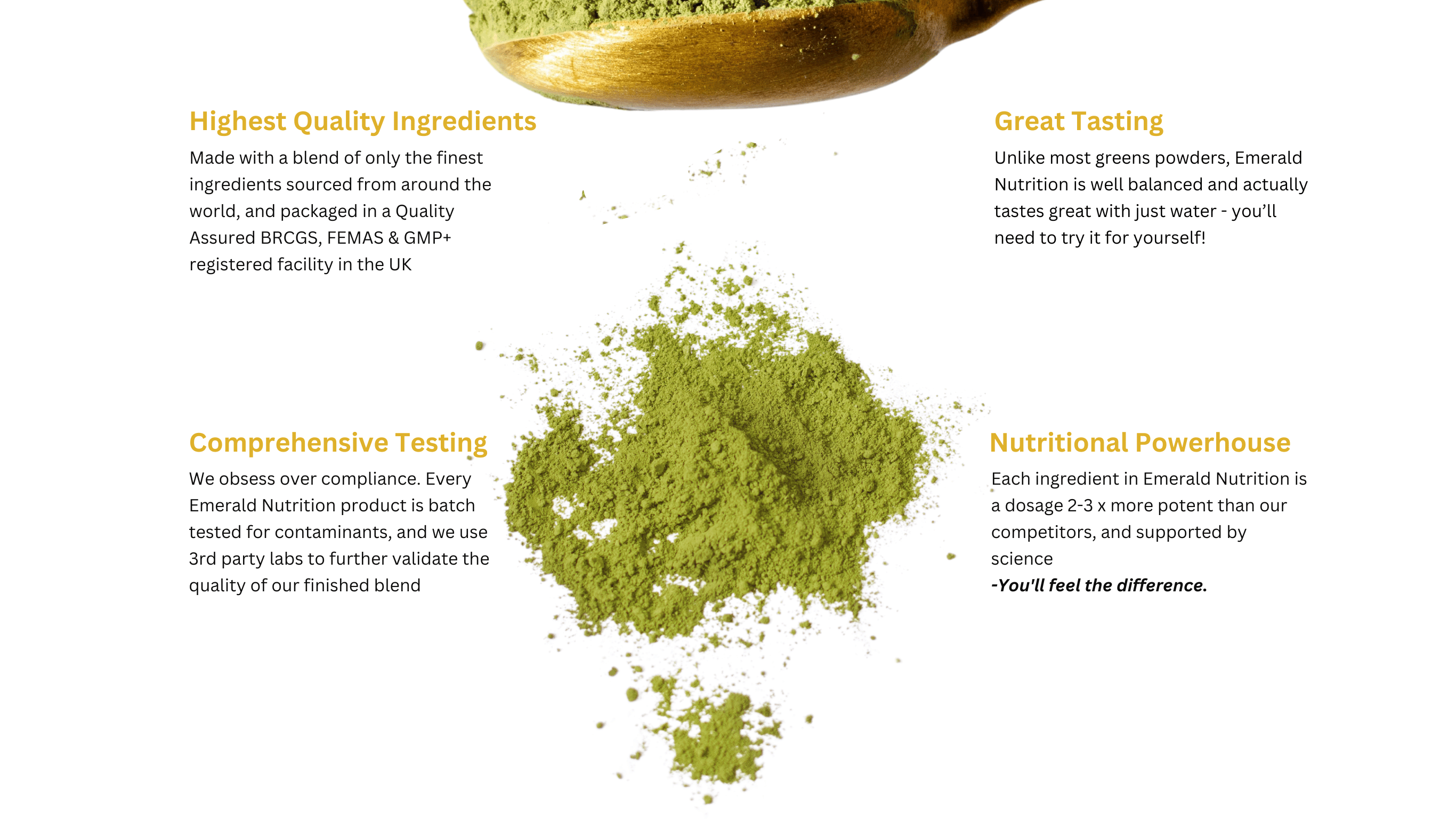 Green powder with a wooden scoop on a white background, featuring text about product quality and ingredients.
