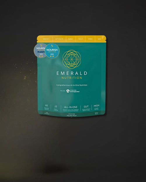 Emerald Nutrition supplement package on a dark background