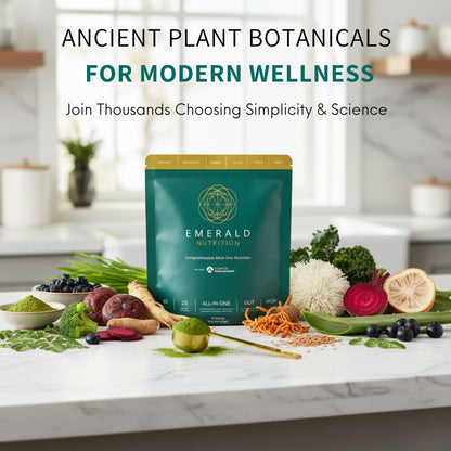 Emerald Nutrition package on a kitchen counter with fresh produce, promoting ancient plant botanicals for modern wellness.