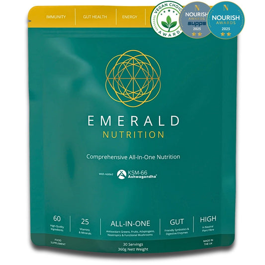 Emerald Nutrition supplement package with branding and product details on a white background