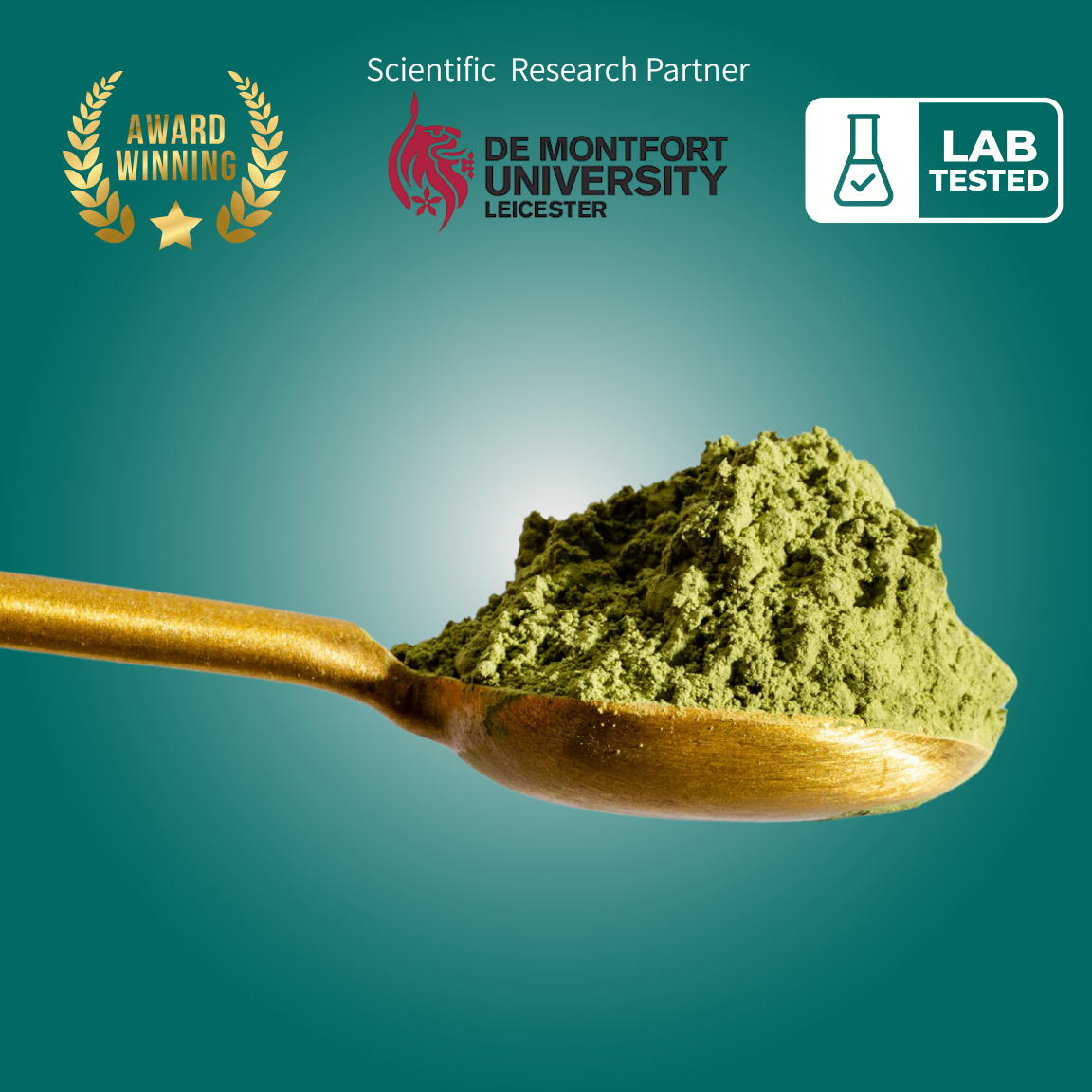 Golden scoop with green powder, De Montfort University logo, and lab tested badge on a blue background