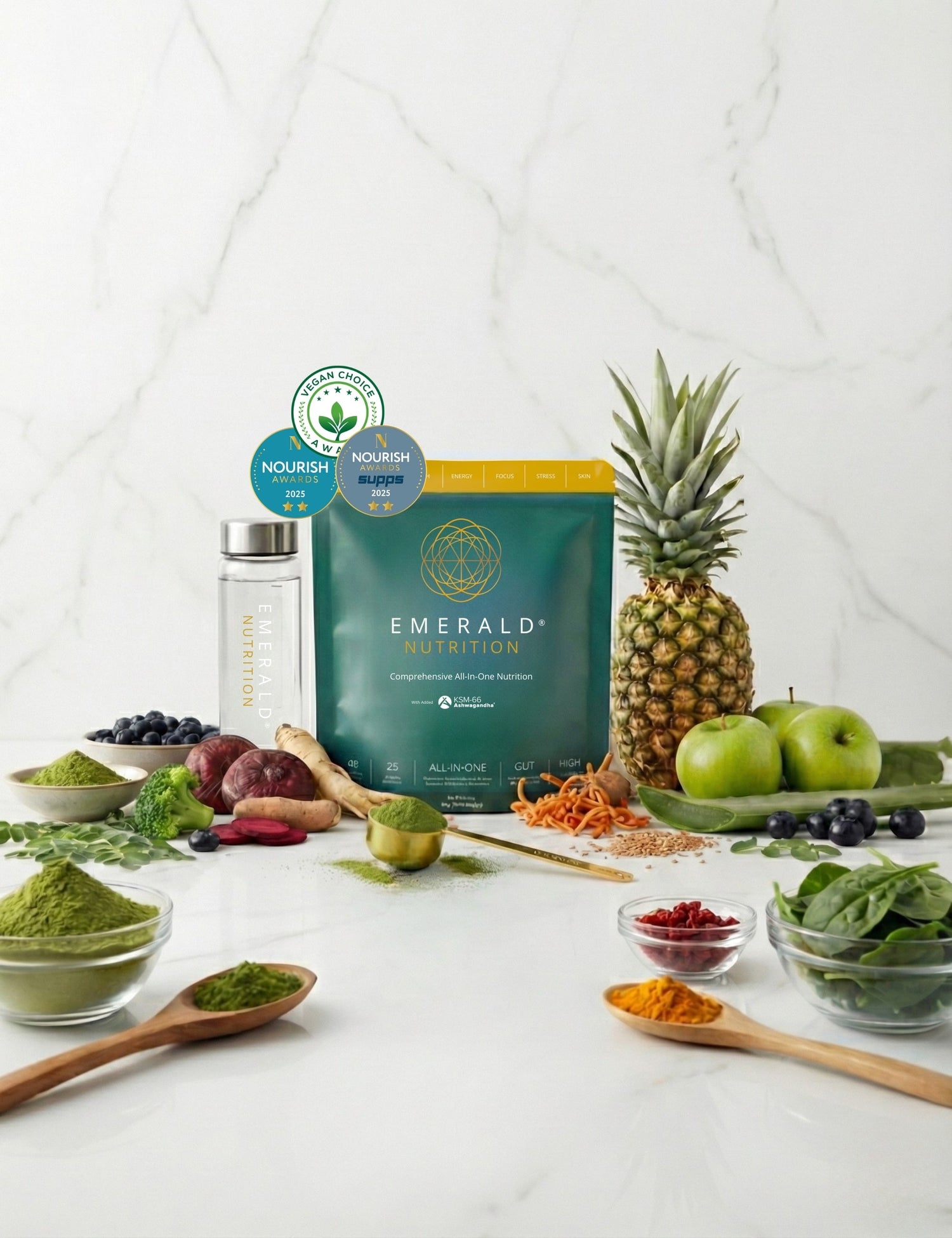 Supplement packaging with fresh fruits and vegetables on a white background