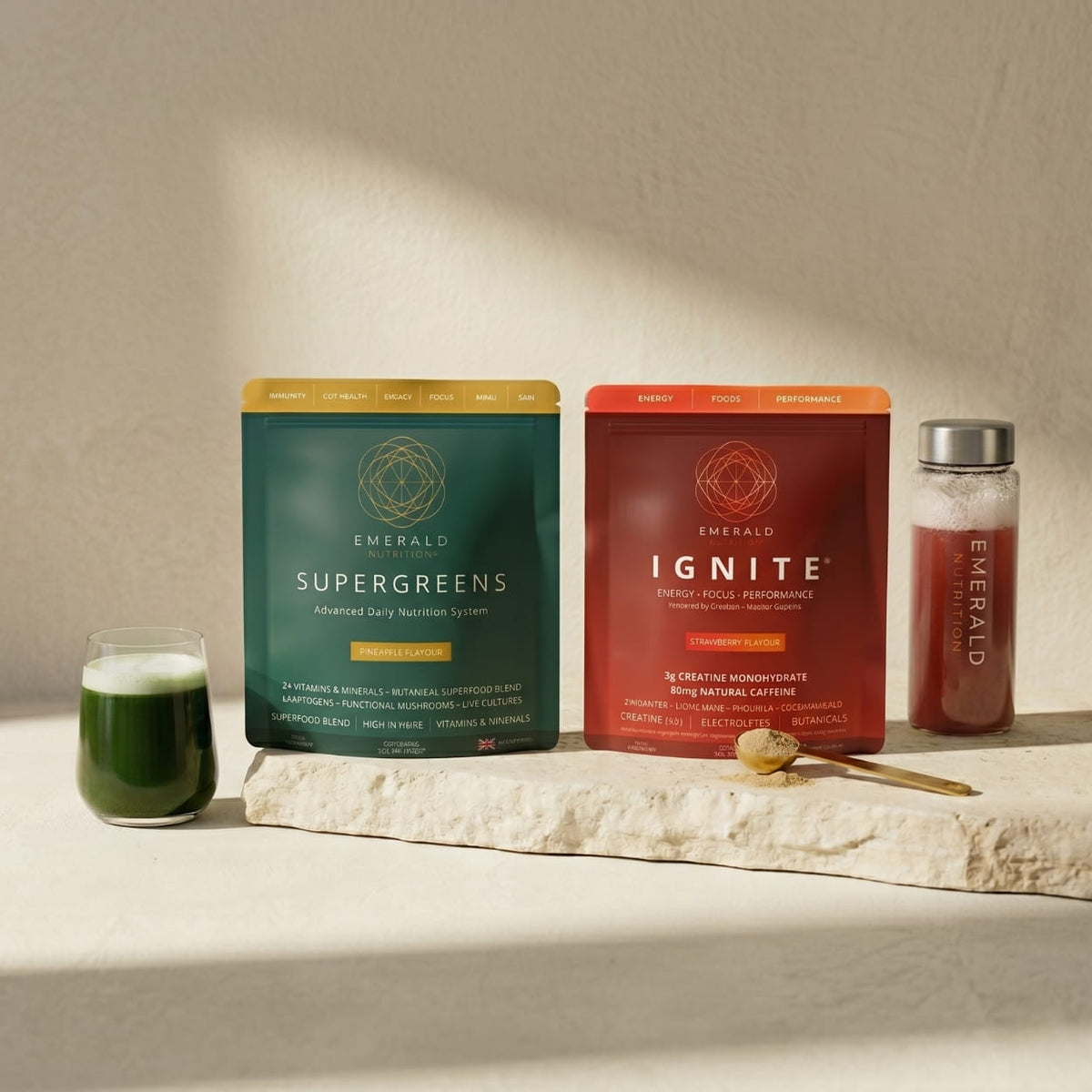 Emerald Nutrition Supergreens tub with gold scoop and water bottle