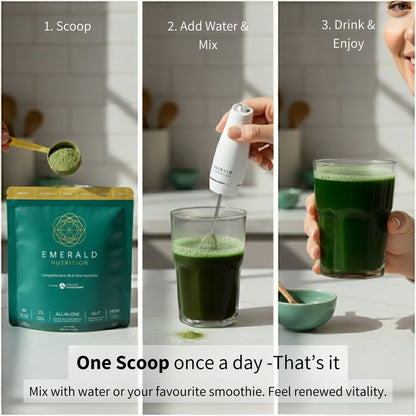 Step-by-step process of making a green smoothie with Emerald Nutrition powder.