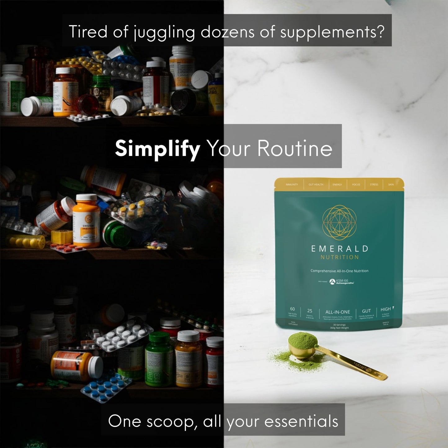 Advertisement for Emerald Nutrition supplement package with text about simplifying a routine.