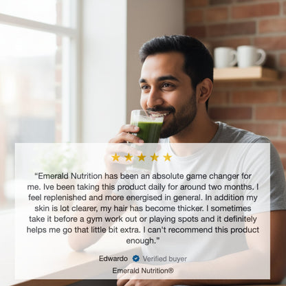 Man drinking a green smoothie with a testimonial overlay