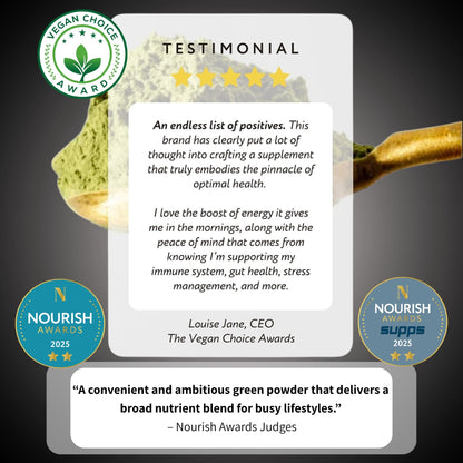 Product testimonial card with five-star rating, brand logos, and text about a green powder supplement.
