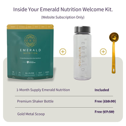 Emerald Nutrition welcome kit with supplement package, shaker bottle, and scoop on a white background