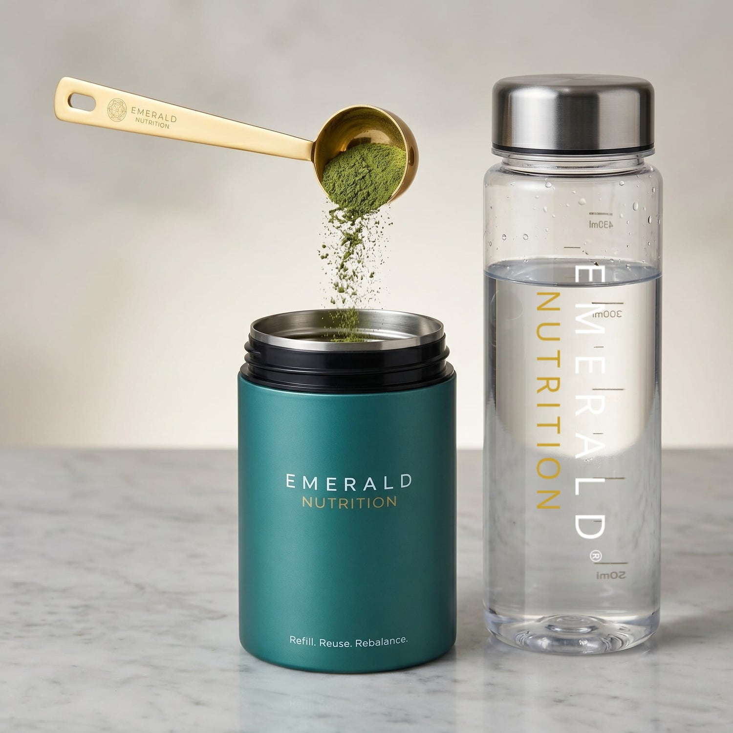 Green stainless steel container with gold scoop and water bottle