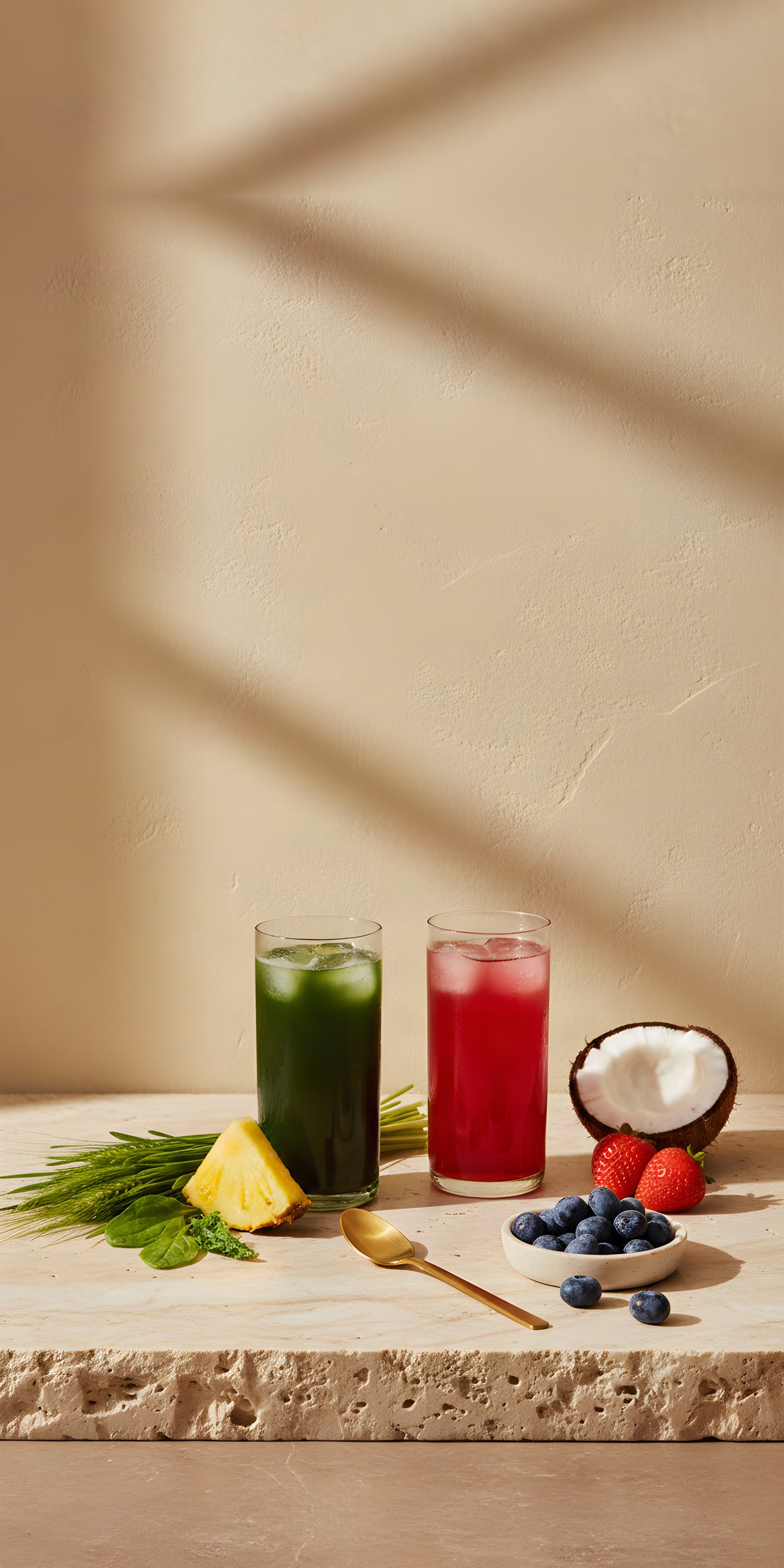 Emerald Nutrition Supergreens and Ignite iced drinks on rough-cut stone with fresh wheatgrass, pineapple, haskap berries, strawberries and coconut