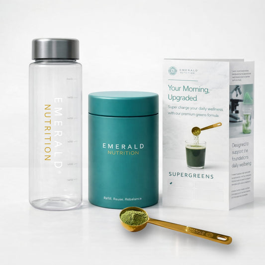 Emerald Nutrition products including a water bottle, container, and packaging on a white background