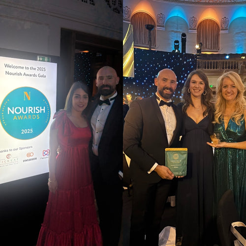 Group of people at the 2023 Nourish Awards Gala, with a man holding an award.