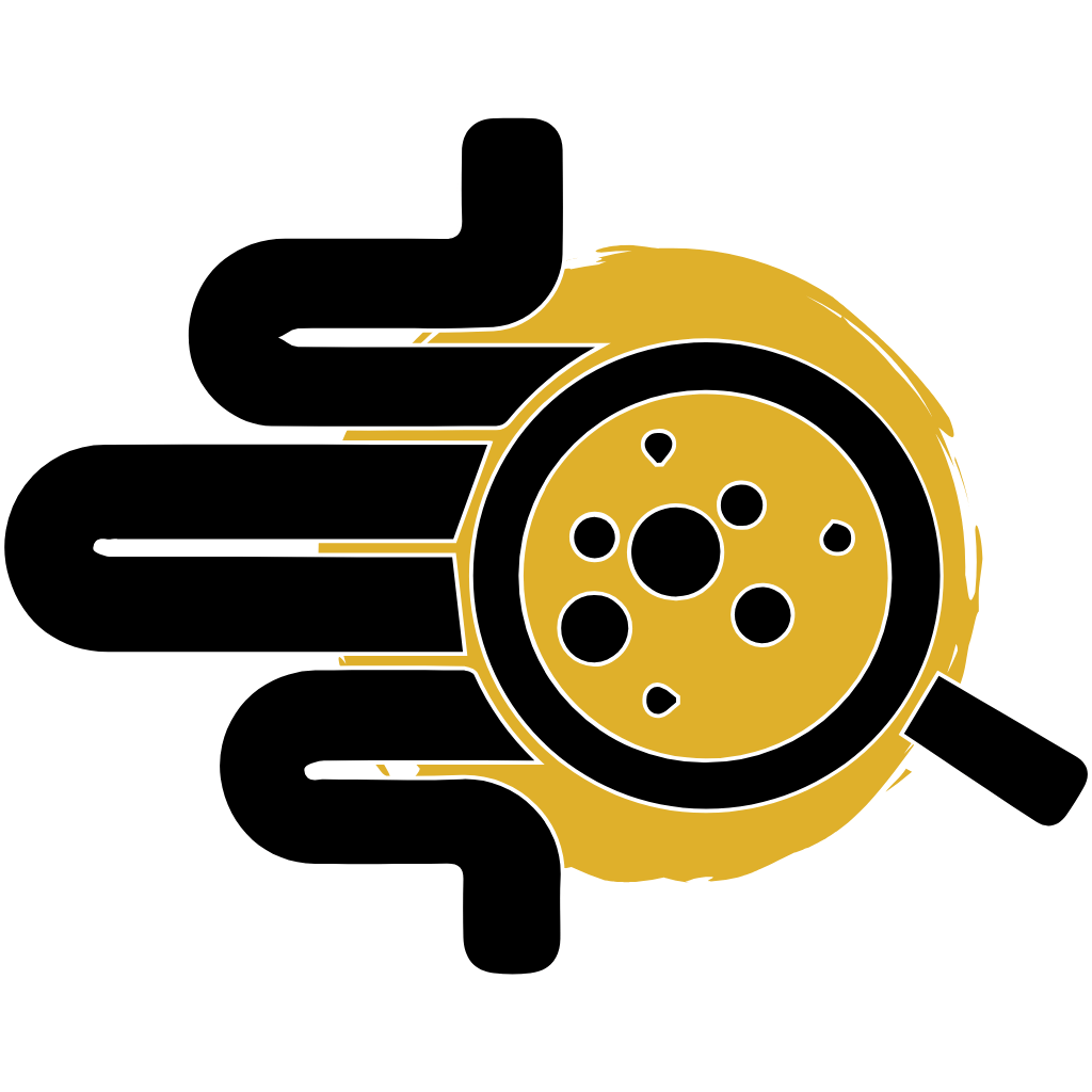 Logo with a stylized wheel and magnifying glass on a green background