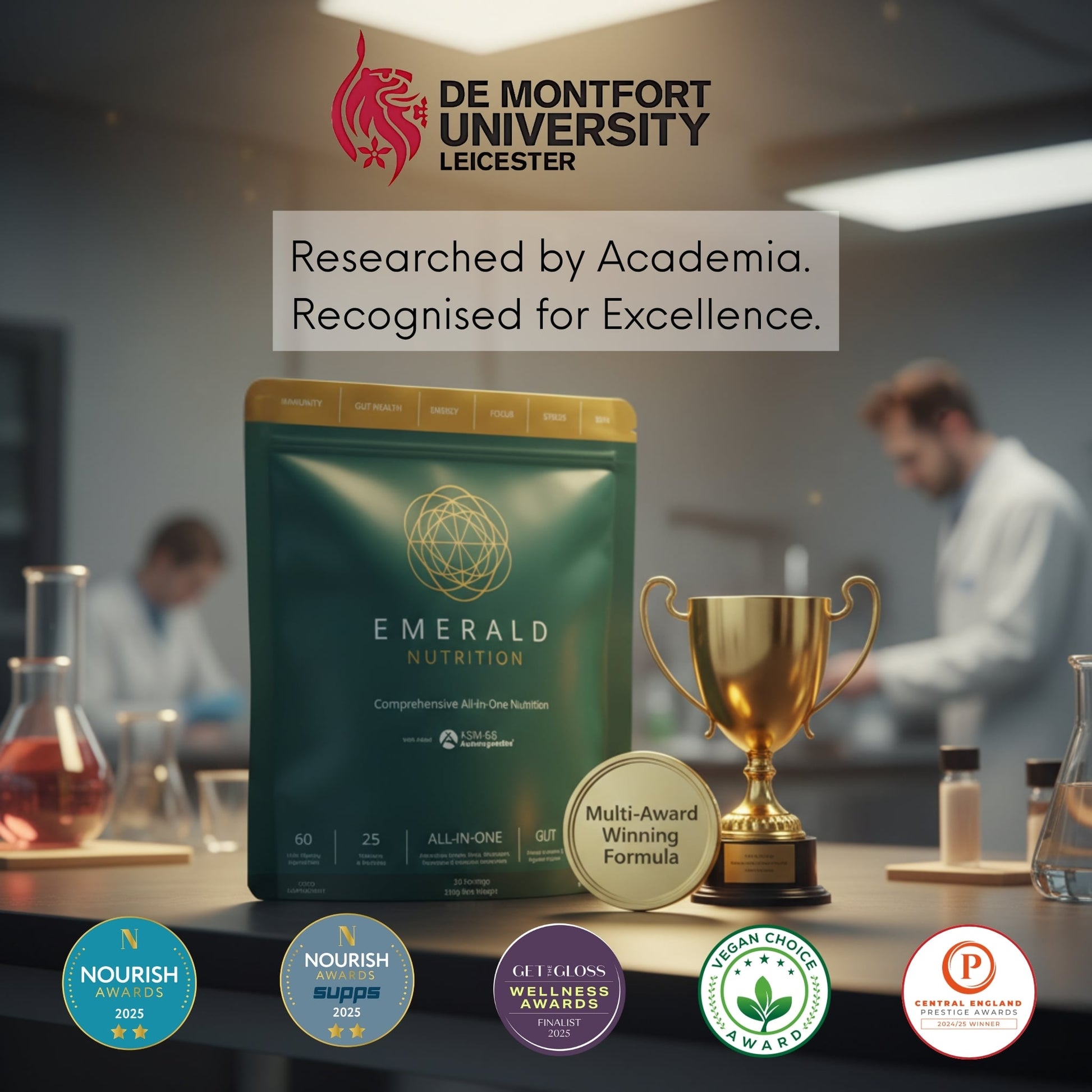 Emerald Nutrition supplement package with a gold trophy on a blurred laboratory background, featuring De Montfort University.