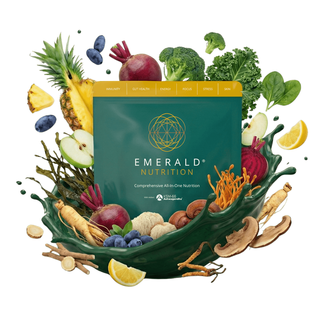 Emerald Nutrition product surrounded by various fruits and vegetables on a green background