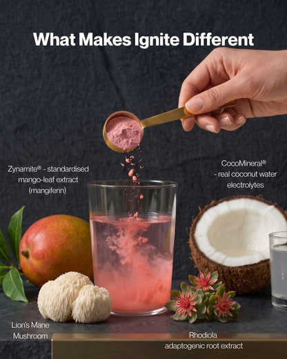 A hand holds a small gold spoon above a glass of pink powder, with text overlays explaining ingredients like Zymate, CocoMineral, Lion's Mane Mushroom, Rhodiola, mango, and coconut. The scene is styled on a dark textured background with a mango, lion's mane mushrooms, and succulents.