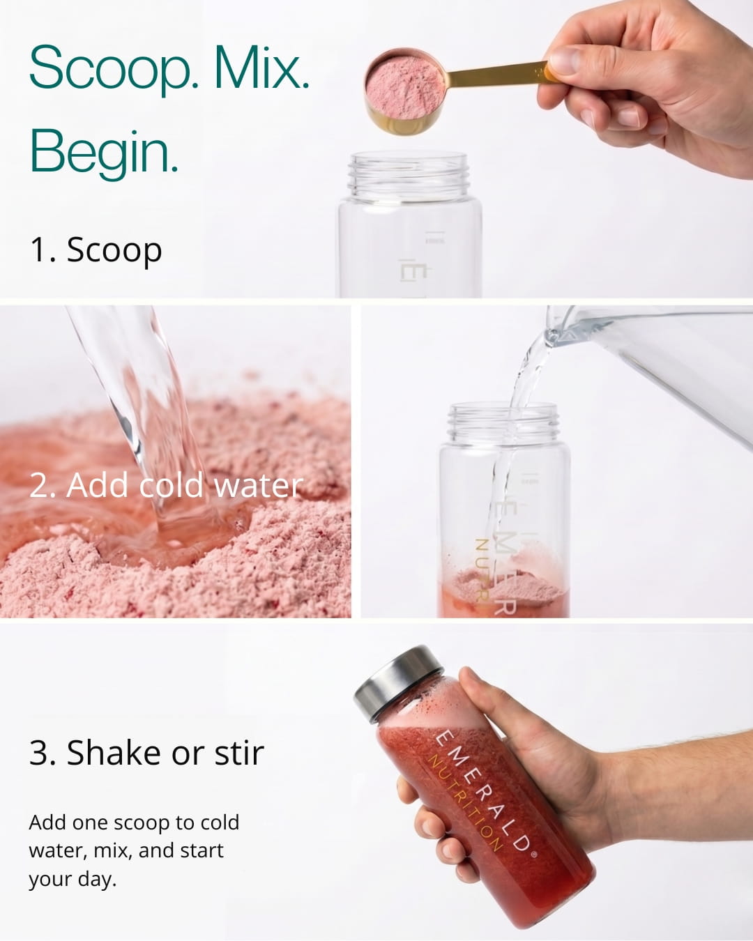 Emerald Ignite Strawberry pouch with scoop on a cream surface