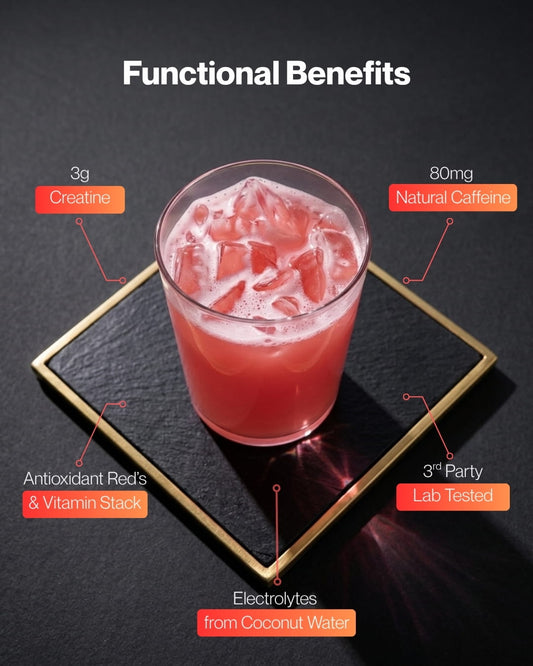 A pink iced drink in a clear glass centered on a dark background with decorative gold-framed square plates. White text at the top reads 'Functional Benefits,' with orange callout labels pointing to benefits such as 3g Creatine, 80mg Natural Caffeine, antioxidant reds and vitamin stack, 3rd party lab tested, electrolytes from coconut water, and 3g sugar.