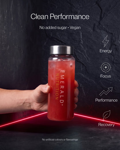 A hand holds a clear plastic water bottle filled with a red drink. The bottle has a silver cap and vertical 'EMERALD NUTRITION' branding.