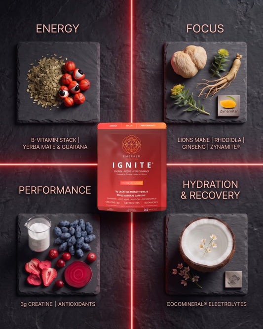 A promotional graphic for a red-orange pouch labeled 'IGNITE' centered on a dark slate background, surrounded by four ingredient panels with text overlays: Energy, Focus, Performance, and Hydration & Recovery. The central product pouch is the main subject, with surrounding food/ingredient imagery and glowing red vertical lines forming a grid.