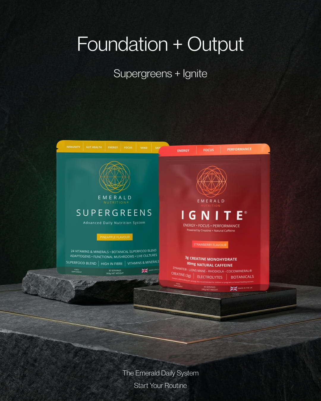 Ignite & Supergreens pouches on pedestal