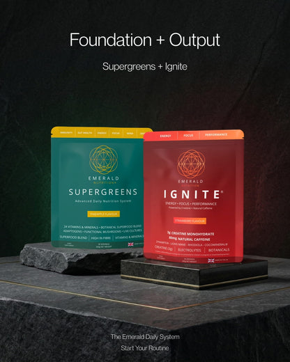 Ignite & Supergreens pouches on pedestal