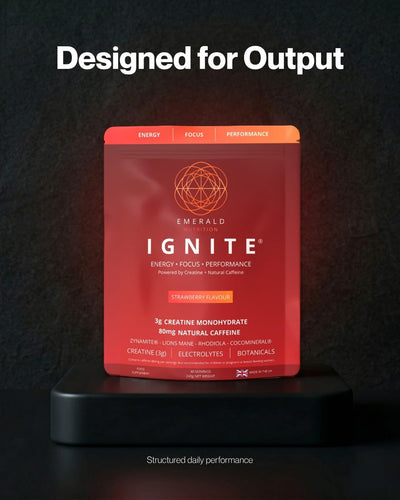 Red package of Emerald Health Ignite on a dark background